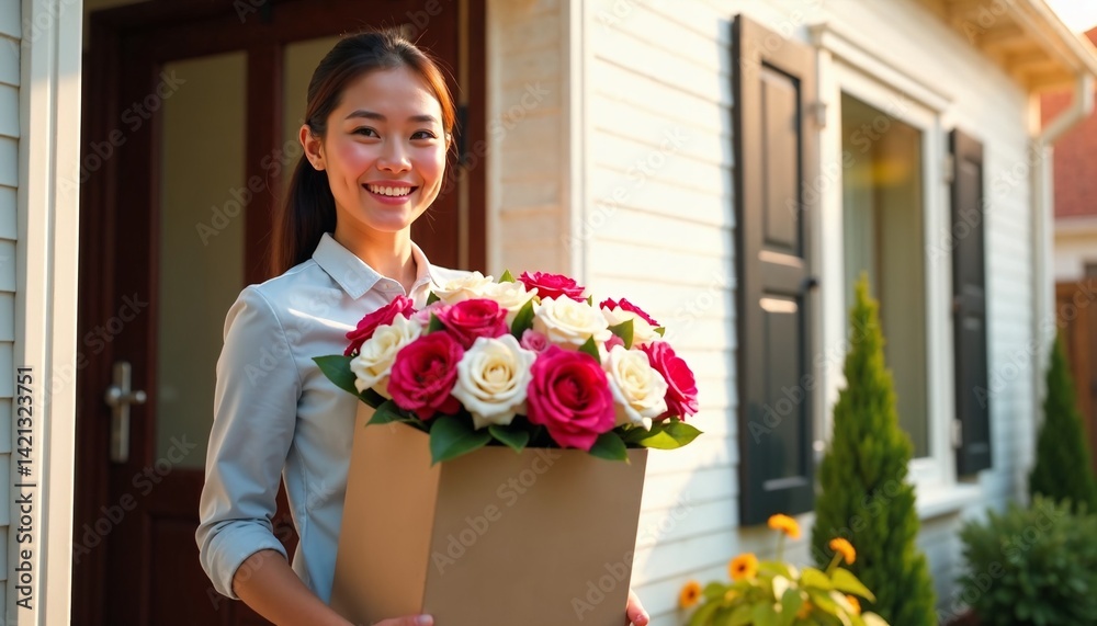 Young woman smiling while holding a bouquet of roses outside a house Young woman smiling while holding a bouquet of roses outside a house
