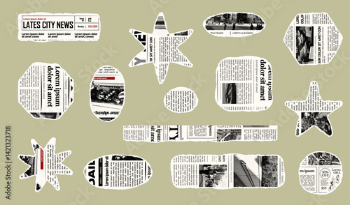 Trendy torn newspaper pieces. Collage halftone elements. Jagged edges. Old paper clipping set. Vintage grunge style concept. Isolated background. Trendy design template. Vector illustration