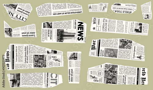 Trendy torn newspaper pieces. Collage halftone elements. Jagged edges. Old paper clipping set. Vintage grunge style concept. Isolated background. Trendy design template. Vector illustration