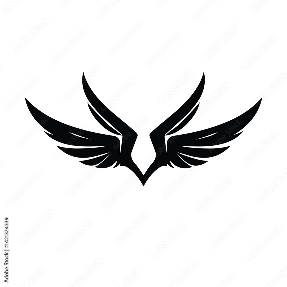 Obraz premium White background, centered black silhouette wings logo. Geometric shapes, clean lines, vector style, conveying balance, symmetry, and a minimal aviation or freedom concept