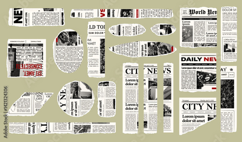 Trendy torn newspaper pieces. Collage halftone elements. Jagged edges. Old paper clipping set. Vintage grunge style concept. Isolated background. Trendy design template. Vector illustration