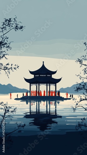 Traditional Chinese Pavilion with Monks on a Serene Lake