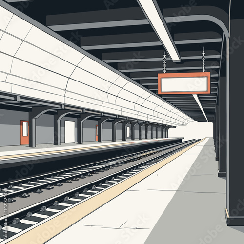 Empty subway station in black and white illustration
