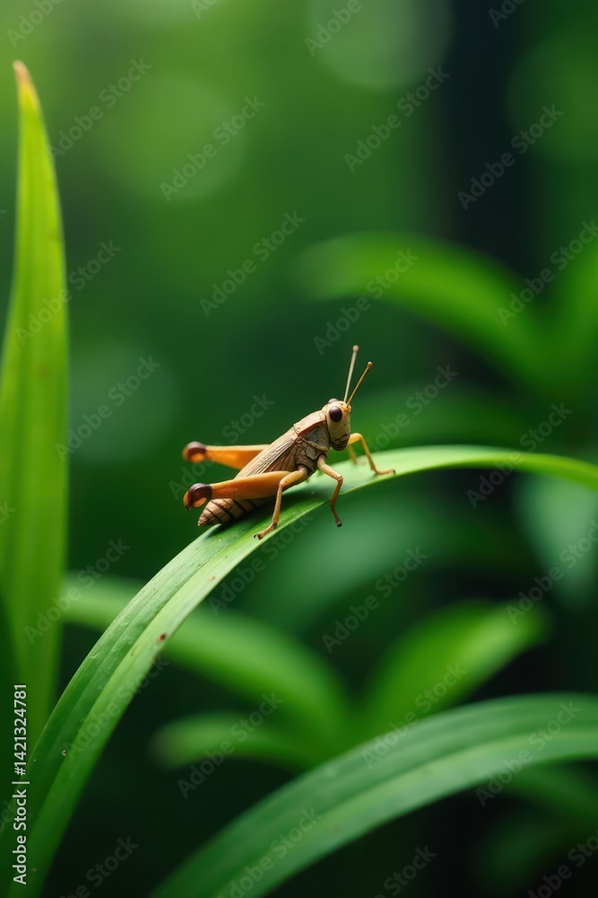 A lone brown grasshopper rests on a slender blade of grass amidst forest foliage, grass blade, habitat, vertical A lone brown grasshopper rests on a slender blade of grass amidst forest foliage, grass blade, habitat, vertical