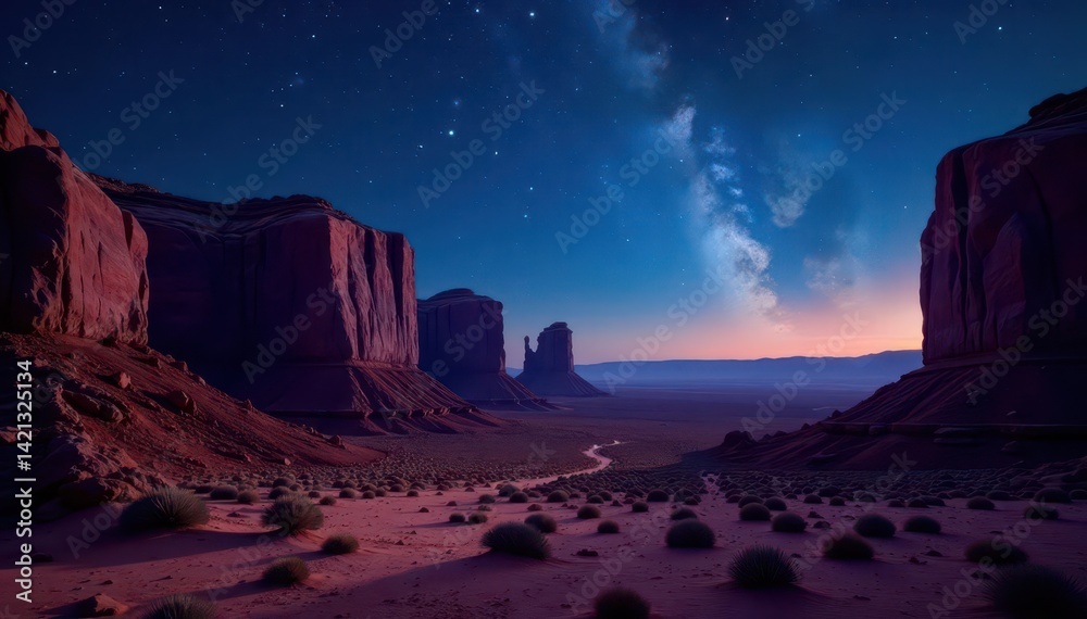 Obraz premium Starry desert canyon, sculpted rock formations, night sky, landscape, desert, stars