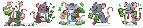 Vector of a mouse wearing a tie and carrying money.