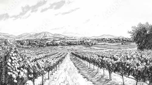 Wallpaper Mural Sketch of a vineyard landscape with distant mountains and cloudy sky in monochrome style drawing art Torontodigital.ca