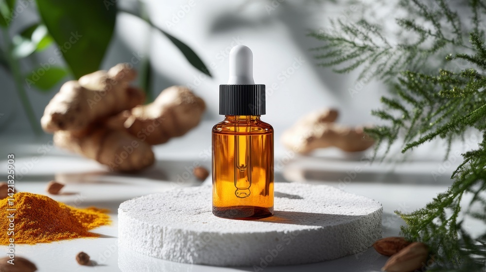 Fototapeta premium Amber Glass Dropper Bottle with Ginger and Turmeric