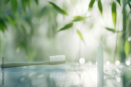Bamboo toothbrush and mouthwash in a serene, natural bamboo setting.