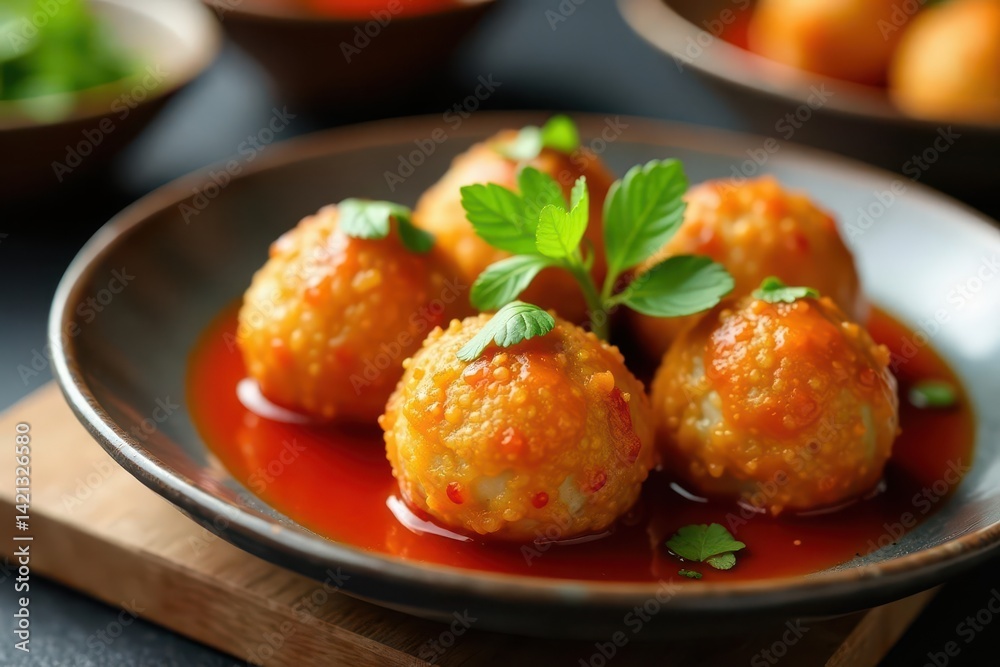 Golden-brown kikiam, fish, and squid balls in vibrant sweet chili sauce , cuisine, eat Golden-brown kikiam, fish, and squid balls in vibrant sweet chili sauce , cuisine, eat