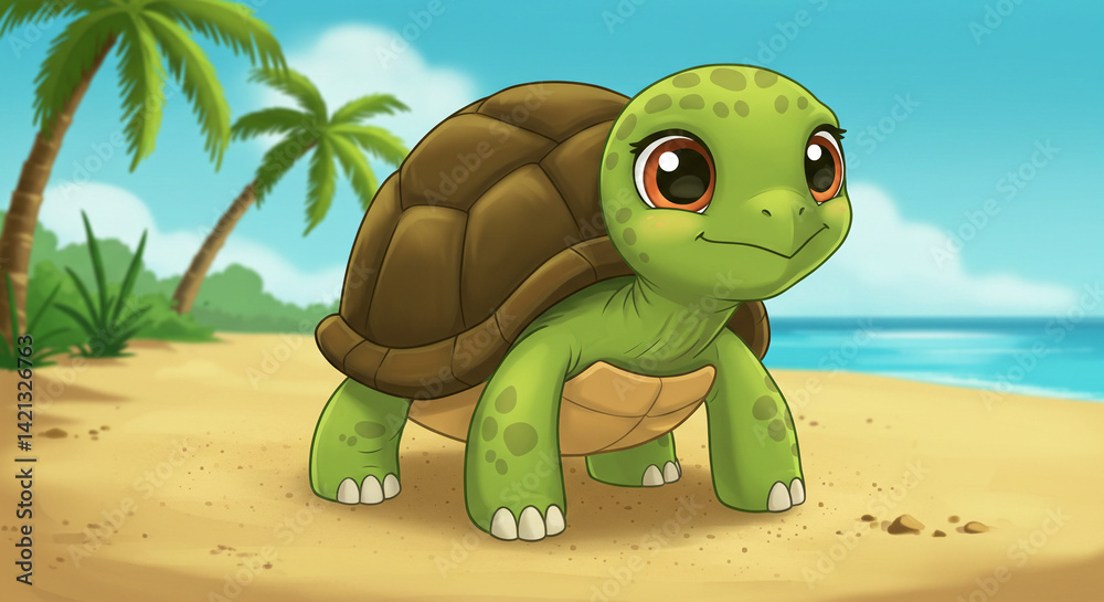 Fototapeta premium Cartoon Turtle Walking on Beach with Palm Trees
