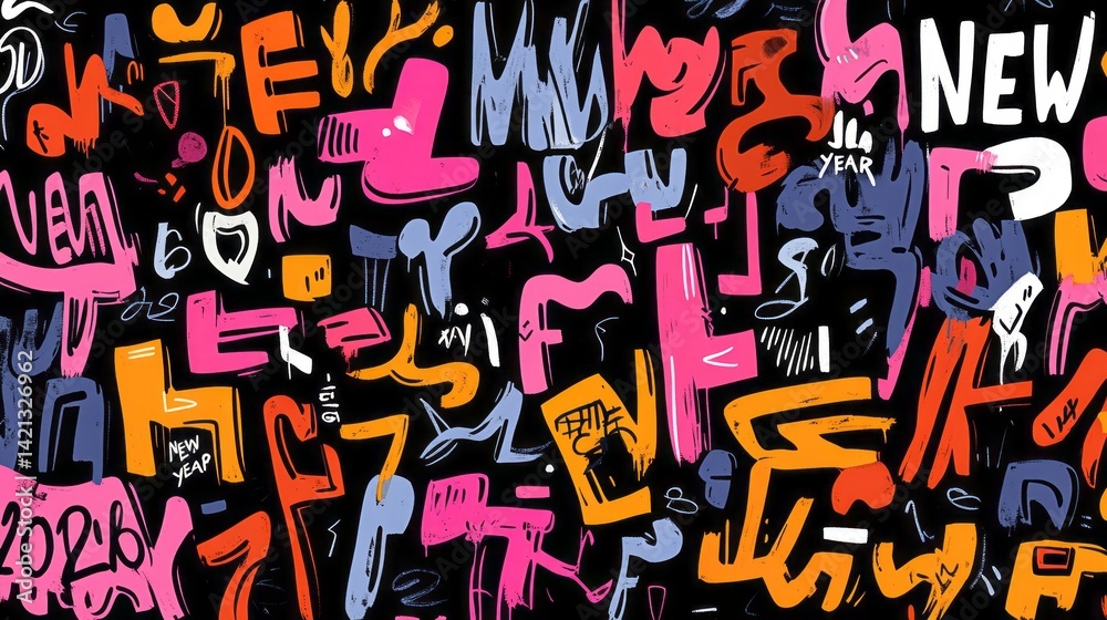 Fototapeta premium Whimsical new year themed graffiti in vibrant colors on black