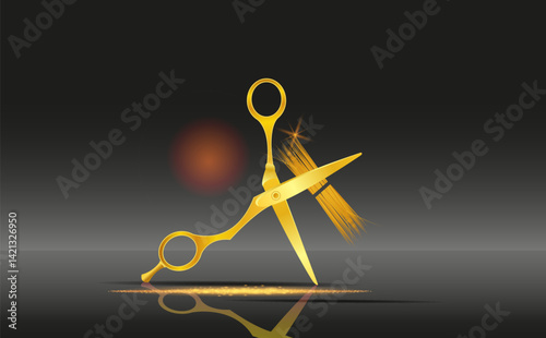Close-up, golden metal hair clippers with highlights of light. 
 Vector illustration