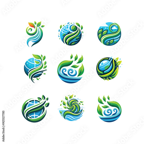 Climate Breeze  logo. Leaf Globe  Environmental and Global Brands logo, Global ecology nature Logo   