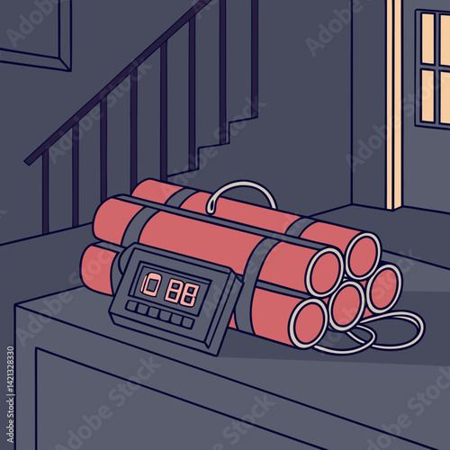 Time bomb disguised as alarm clock in high tension thriller vector scene