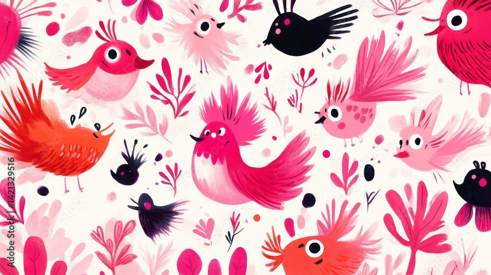 Fototapeta premium Whimsical pattern featuring stylized birds and botanical elements
