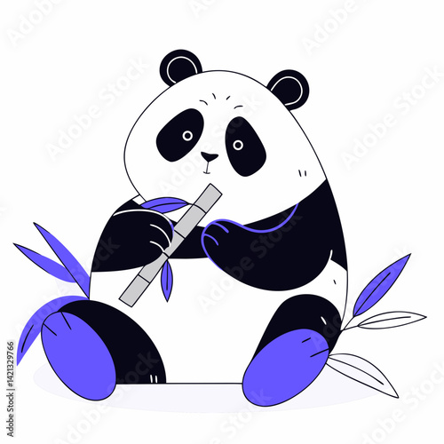 Adorable vector illustration of a cute panda happily munching on bamboo, perfect for prints, kids' products, and wildlife-themed designs.