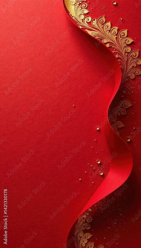 Naklejka premium Red textured paper background with gold ink abstract design Top view, copy space , sophisticated, chinese style