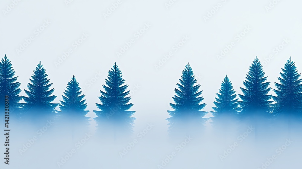 Obraz premium Evergreen trees emerge from fog, creating a serene, winter landscape. Cool color palette