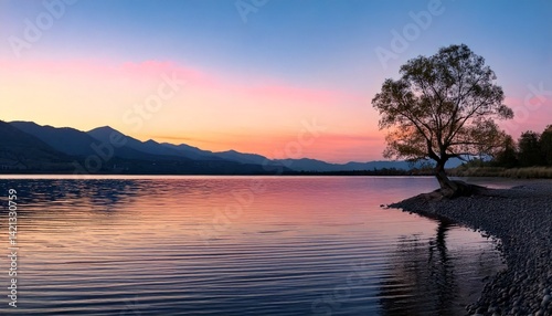 Serene Sunset Landscape Lone Tree by Peaceful Lake and Majestic Mountains