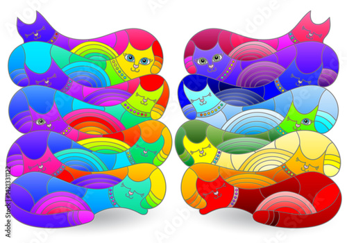 A set of stained glass illustrations with abstract cats, animals isolated on a white background