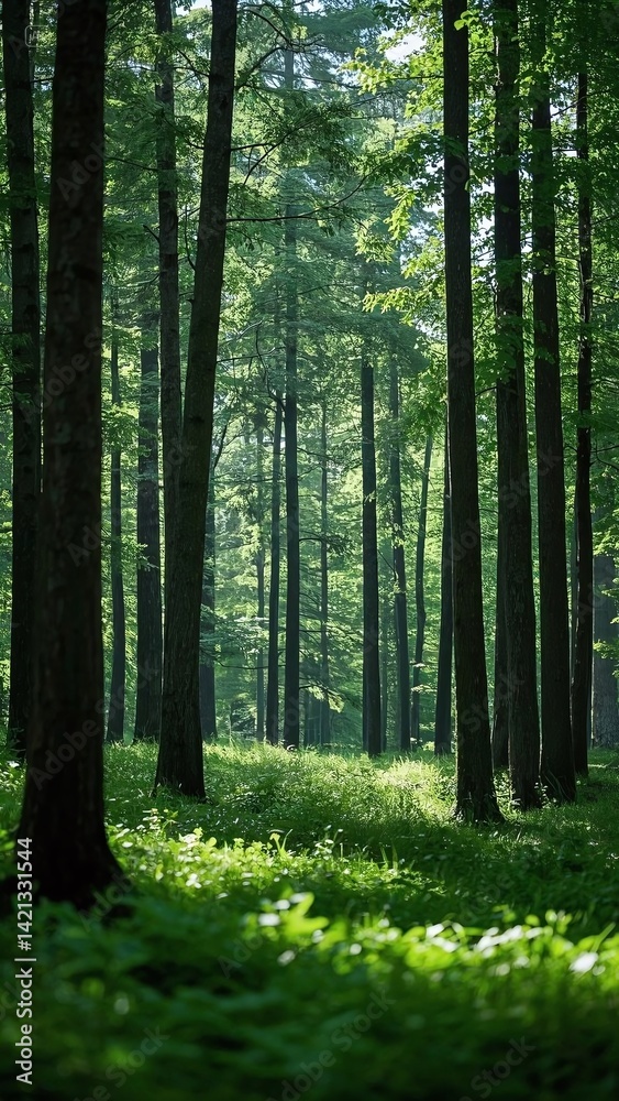 Obraz premium Lush green forest, dense woodland filled with towering trees, sunlight filtering through thick canopy, vibrant foliage, misty morning atmosphere, nature scenery with mossy ground, forest path winding 