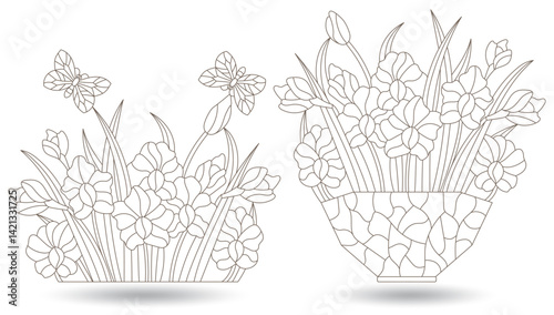 A set of contour illustrations in the style of stained glass with bouquets of orchids and butterflies , dark outlines on a white background