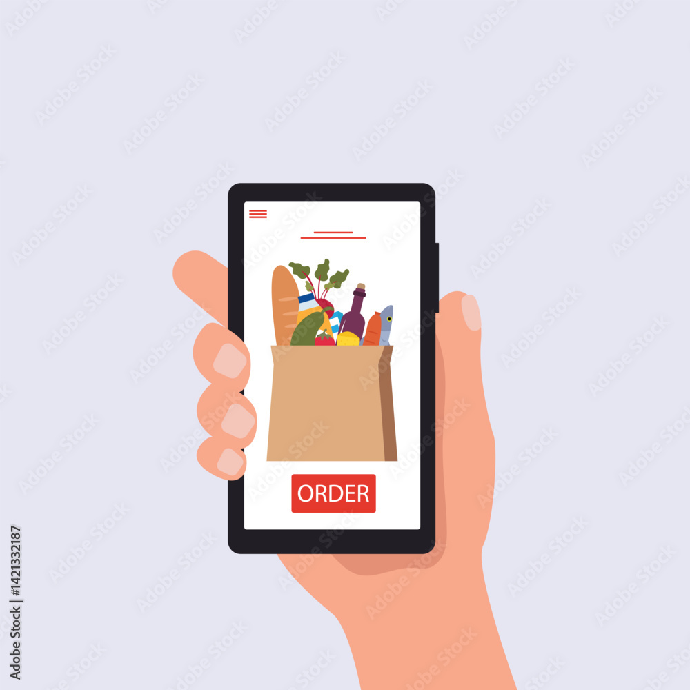 Hand holding smartphone delivery online grocery shopping mobile phone vector illustration Hand holding smartphone delivery online grocery shopping mobile phone vector illustration