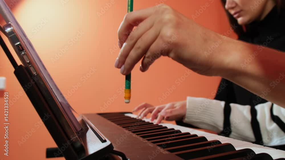 Teacher taps on panel with pencil near student playing piano. Female mentor signals subtle rhythm guiding woman tempo during lesson slow motion