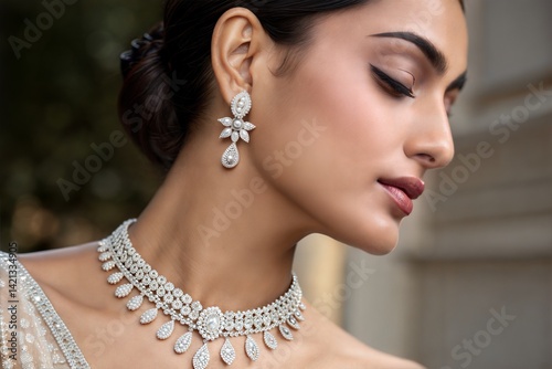Close-up of Indian Woman Wearing Diamond Necklace and Earrings 