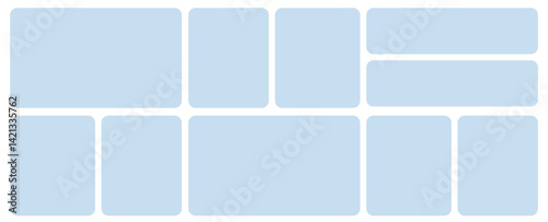 Template of photo montage. 10 Blue frames design composition for gallery for website with squares. Banner for bg design.