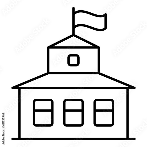 Tavern building with flag thin line icon, west desert concept. Vector graphics. Ancient american house sign on white background, linear style for mobile or design.