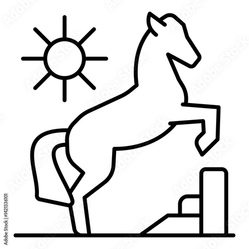 Mustang ridge horse thin line icon, west desert concept. Vector graphics. Sun, shiny weather and horse animal sign on white background, linear style for mobile or design.