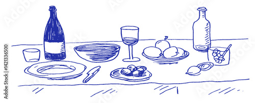 A whimsical Mediterranean dinner table showcases a variety of doodled elements. The table features drinks, fresh fruits, and a charming arrangement, evoking a coquette atmosphere.