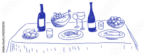 Mediterranean feast features linear chalk doodles of seafood and wine under whimsical coquette elements