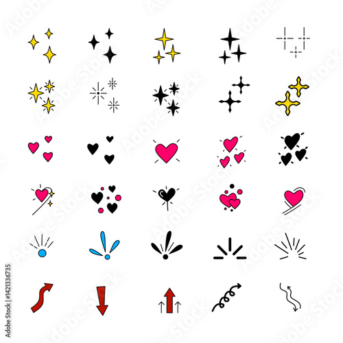 Doodle Hand drawing line vector elements, heart line texture, stars, arrow elements line scribble. Vector illustration
