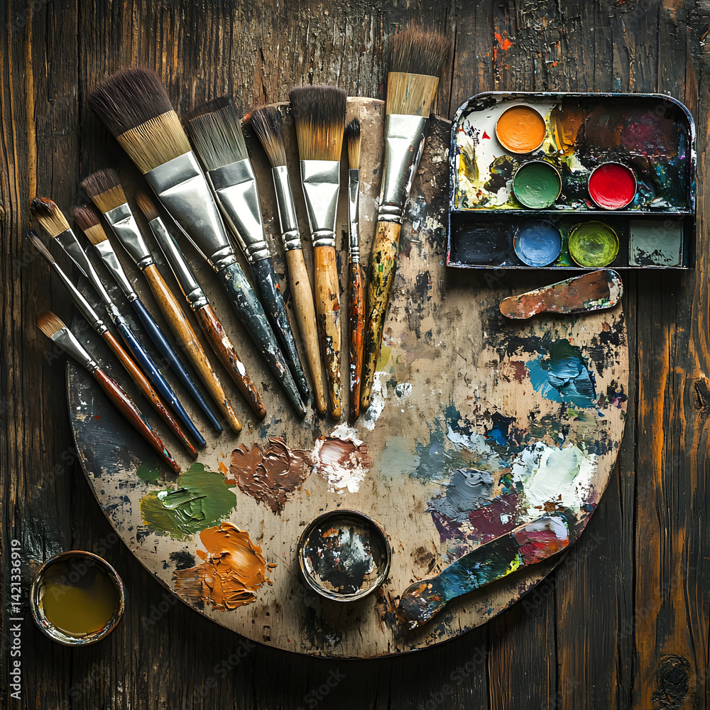 Flat-lay of artistic painting tools with brushes, palette knives, and vibrant paint tubes on rustic wood table in daylight, ideal for creative studio themes or craft backgrounds design.