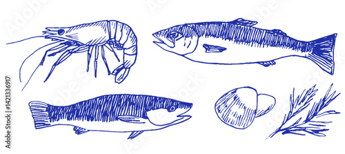 Creative doodles of seafood and marine life captured in whimsical Mediterranean style