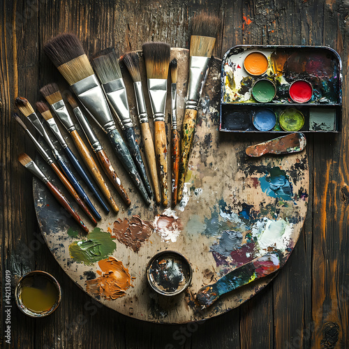 Obraz na płótnie Flat-lay of artistic painting tools with brushes, palette knives, and vibrant paint tubes on rustic wood table in daylight, ideal for creative studio themes or craft backgrounds design. w salonie