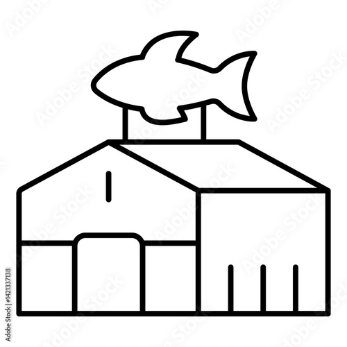 Warehouse and fish thin line icon, fishery production concept. Vector graphics. House storage, distrubution sign on white background, linear style for mobile or design.