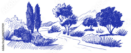 Whimsical blue crayon doodle of a Mediterranean landscape showcasing odd linear elements and coquette trees along a winding path