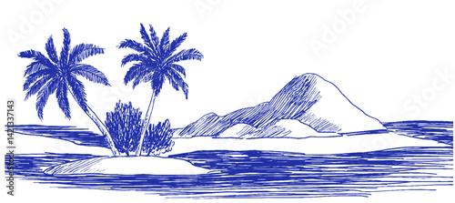 Whimsical doodle showcasing a Mediterranean landscape with vibrant palm trees and a tranquil sea view at sunset
