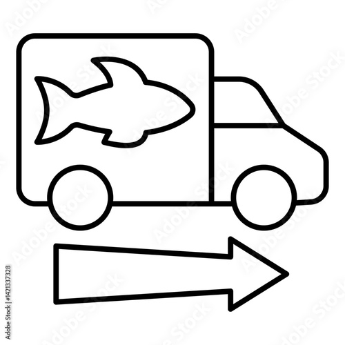 Fish delivery truck thin line icon, fishery product concept. Vector graphics. Vehicle transport with fish sign on white background, linear style for mobile or design.