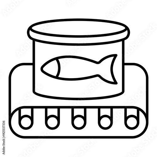 Canned fish on conveyor belt thin line icon, fishery production concept. Vector graphics. Fishing product jar sign on white background, linear style for  mobile or design.