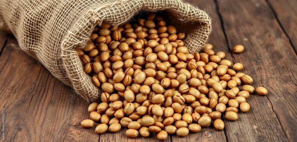 Naklejka premium Burlap sack overflowing with plump pumpkin seeds, spilling onto rustic wood, whole food, ingredient