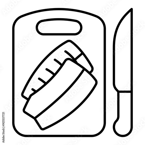 Fillet of fish on cutting board and knife thin line icon, fishery cooking concept. Vector graphics. Fresh fish sign on white background, linear style for mobile or design.
