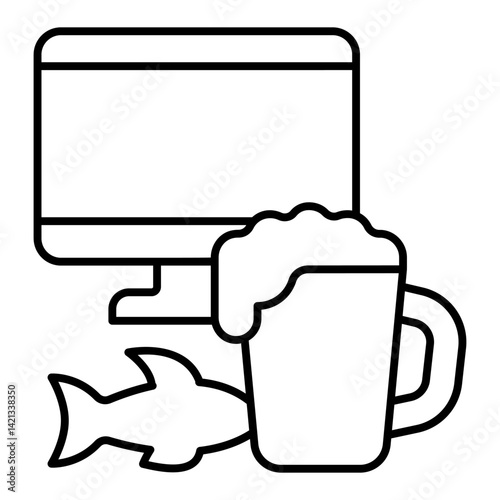 Beer mug and dryed fish at monitor thin line icon, fishery concept. Vector graphics. Fisherman joy and drink sign on white background, linear style for mobile or design.