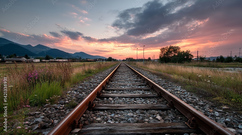Railway Tracks at Sunset with Green Fields and Wildflowers – Summer Landscape with Perspective and Warm Light Railway Tracks at Sunset with Green Fields and Wildflowers – Summer Landscape with Perspective and Warm Light