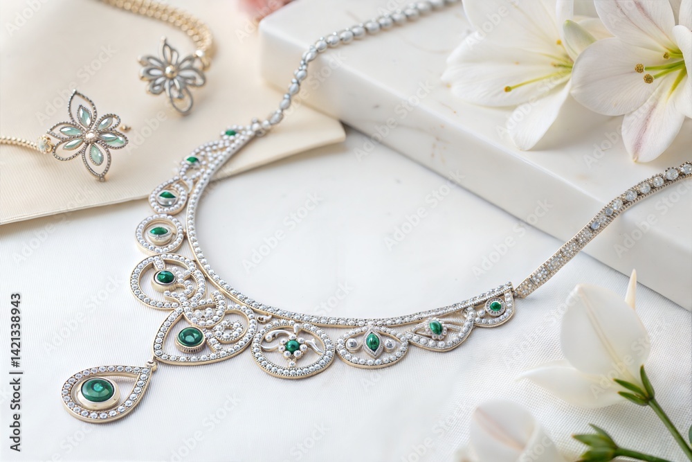 Stylish white gold necklace with embedded gemstones on a white background (Diamond) Stylish white gold necklace with embedded gemstones on a white background (Diamond)
