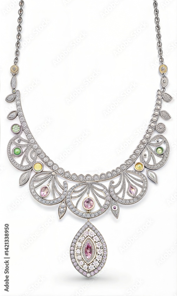 Stylish white gold necklace with embedded gemstones on a white background (Diamond) Stylish white gold necklace with embedded gemstones on a white background (Diamond)